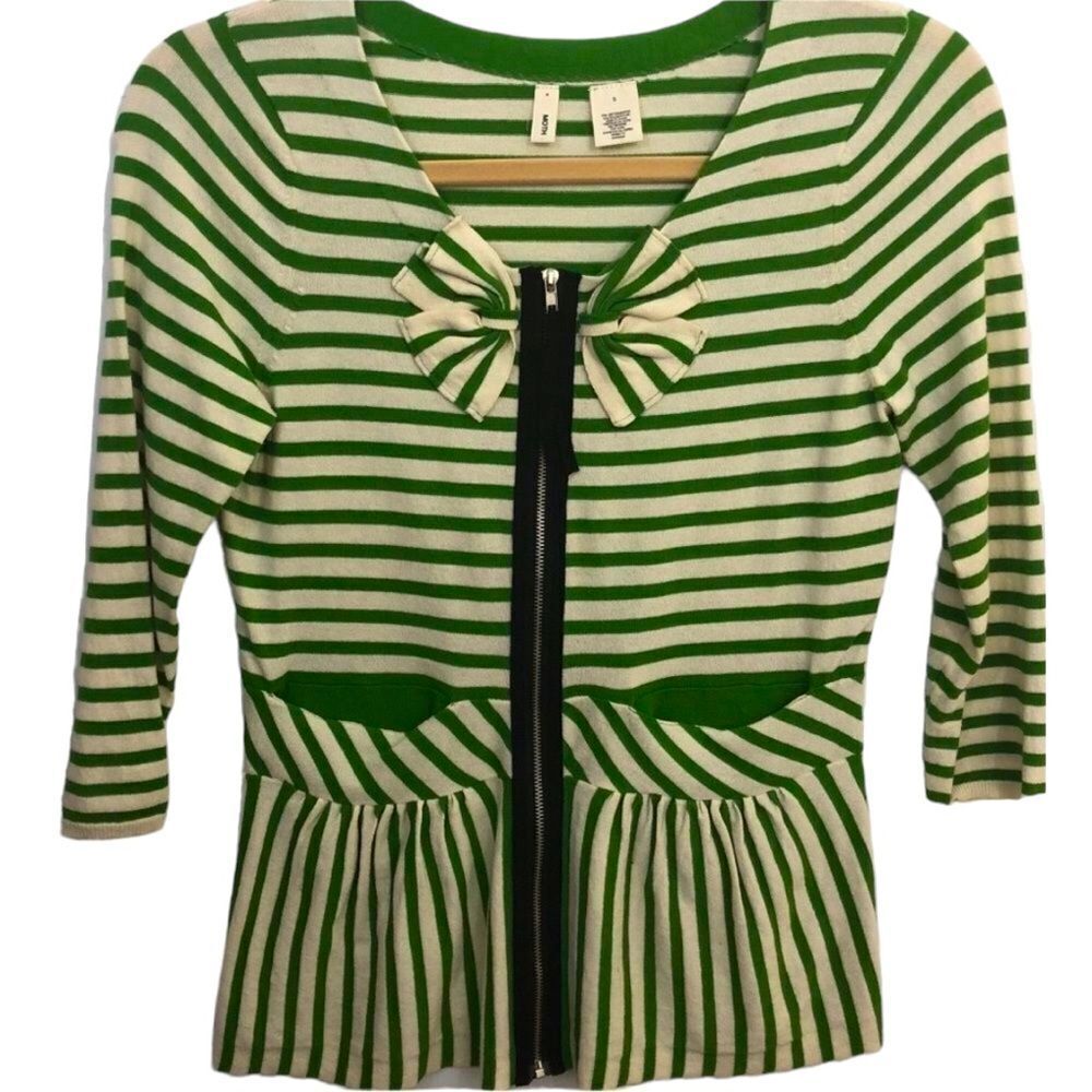 Anthropologie | Moth green/white zipper cardigan, small